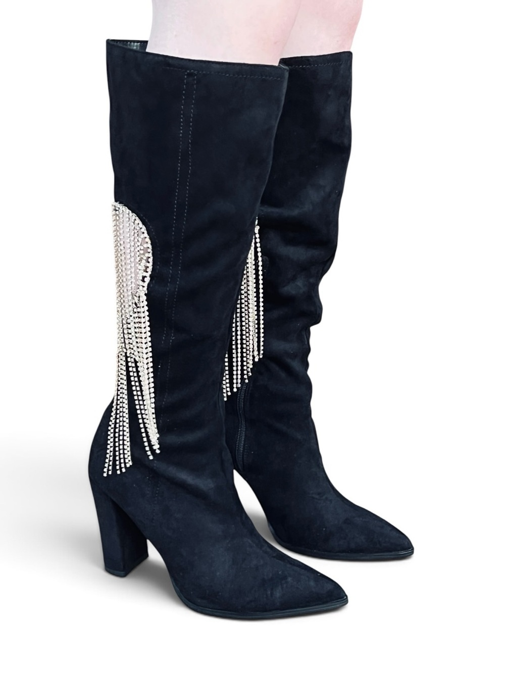 Dolls Kill Sweetheart Faux Suede Rhinestone Fringe Heart Cutout Western Boots 7